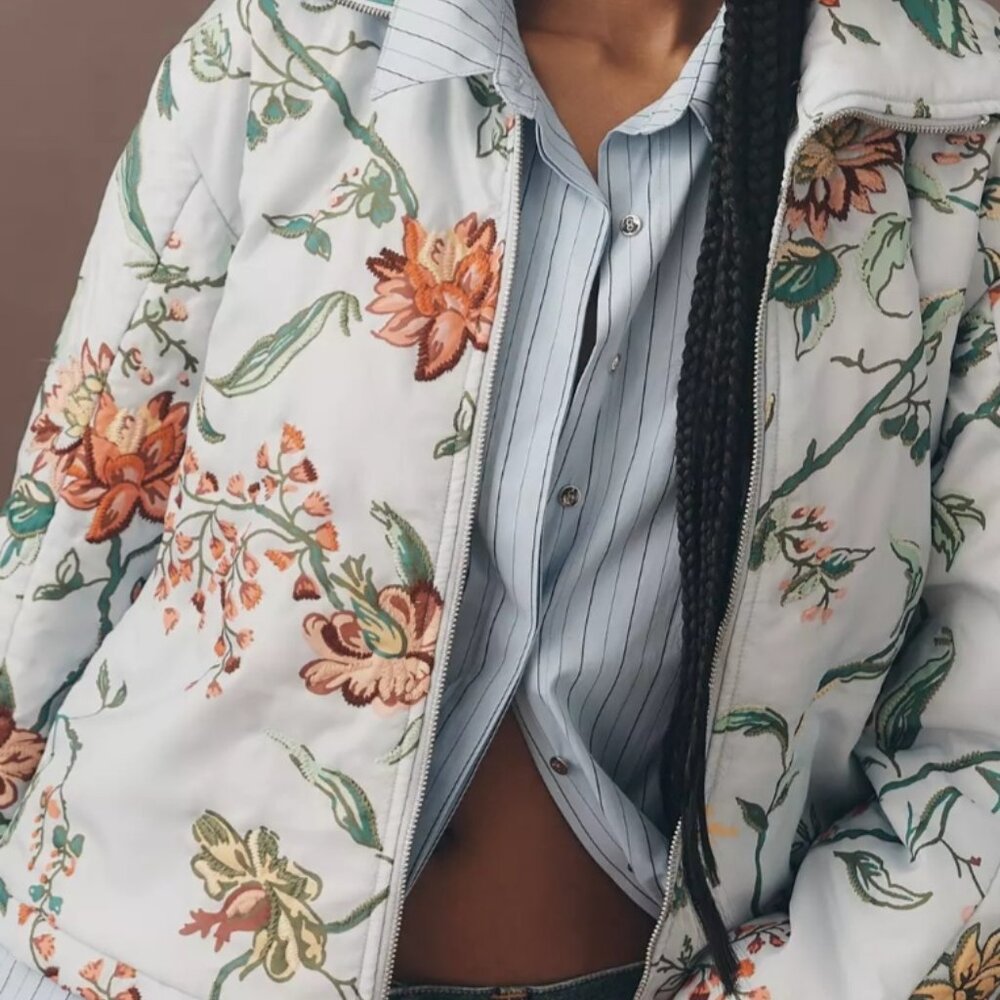 Anthropologie Dahlia Floral Bomber Jacket - Light Blue - L - NWT - Picture 4 of 8